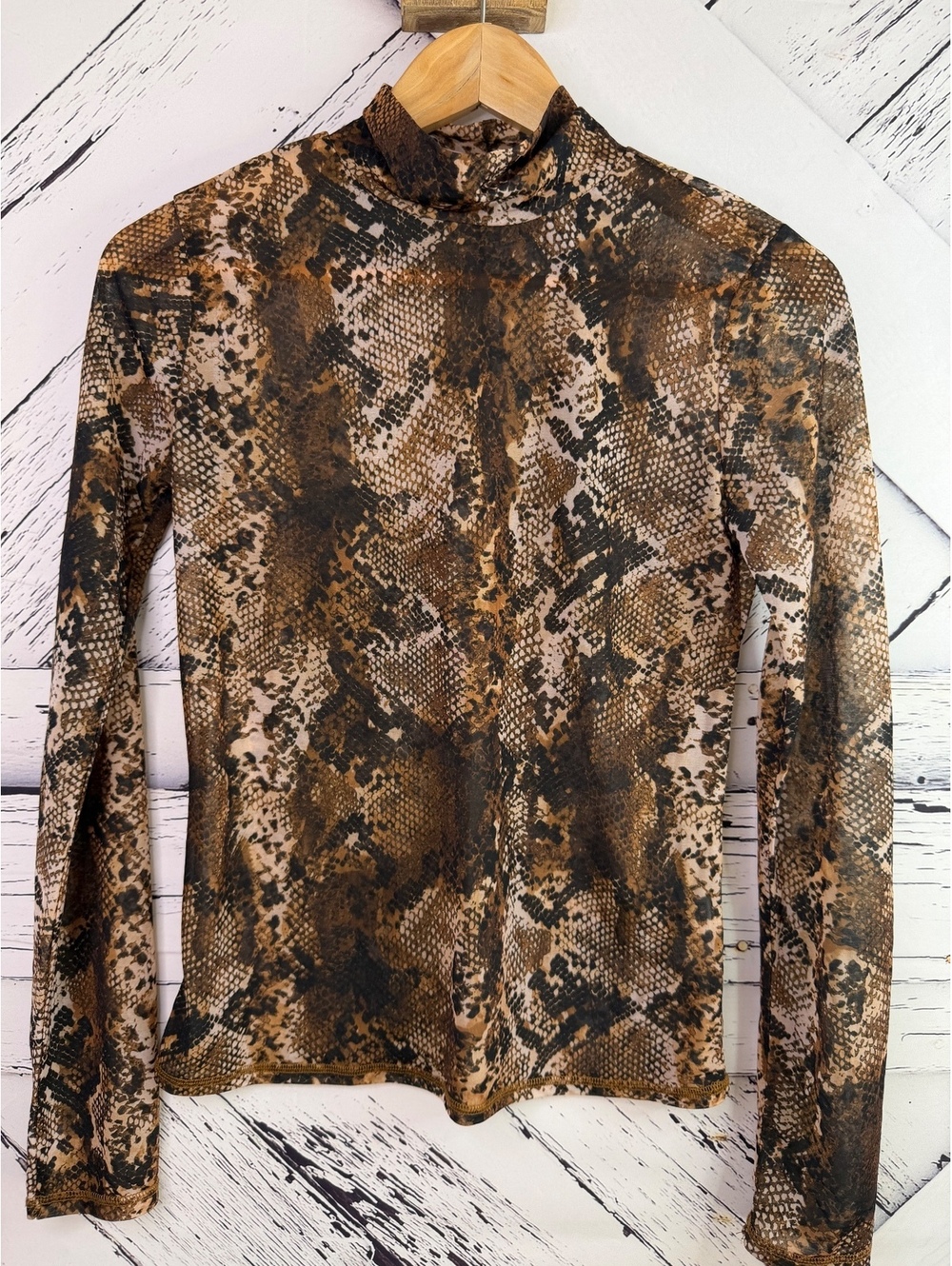 Zara Y2K Edgy Grunge Sheer Snakeskin Mesh Mock Neck Turtleneck Top Women Medium